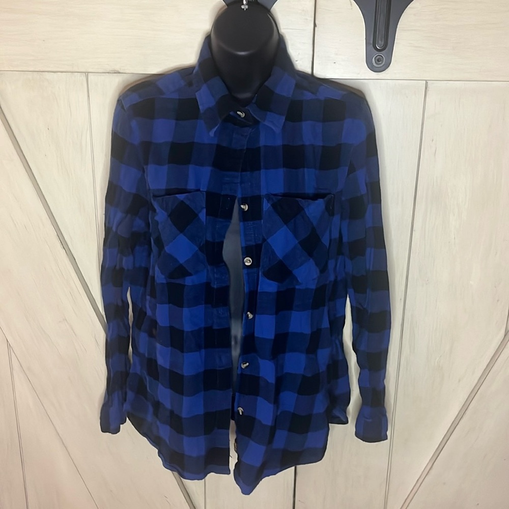 Blue and Black Plaid Long Sleeve Shirt